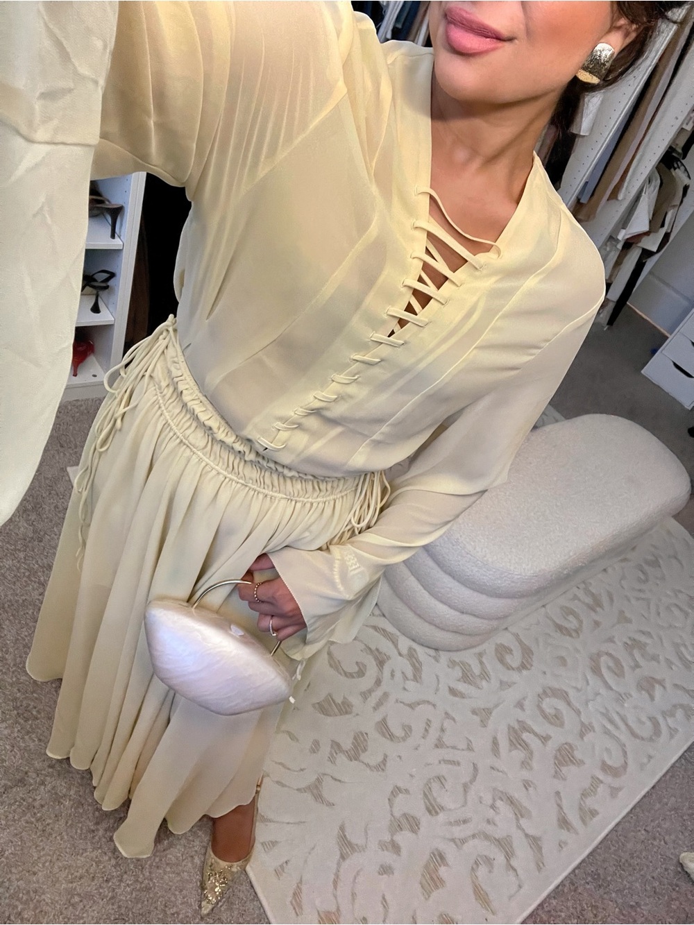 H&M NWT 2 piece SET - butter yellow long sleeve lace up top & flowy midi skirt